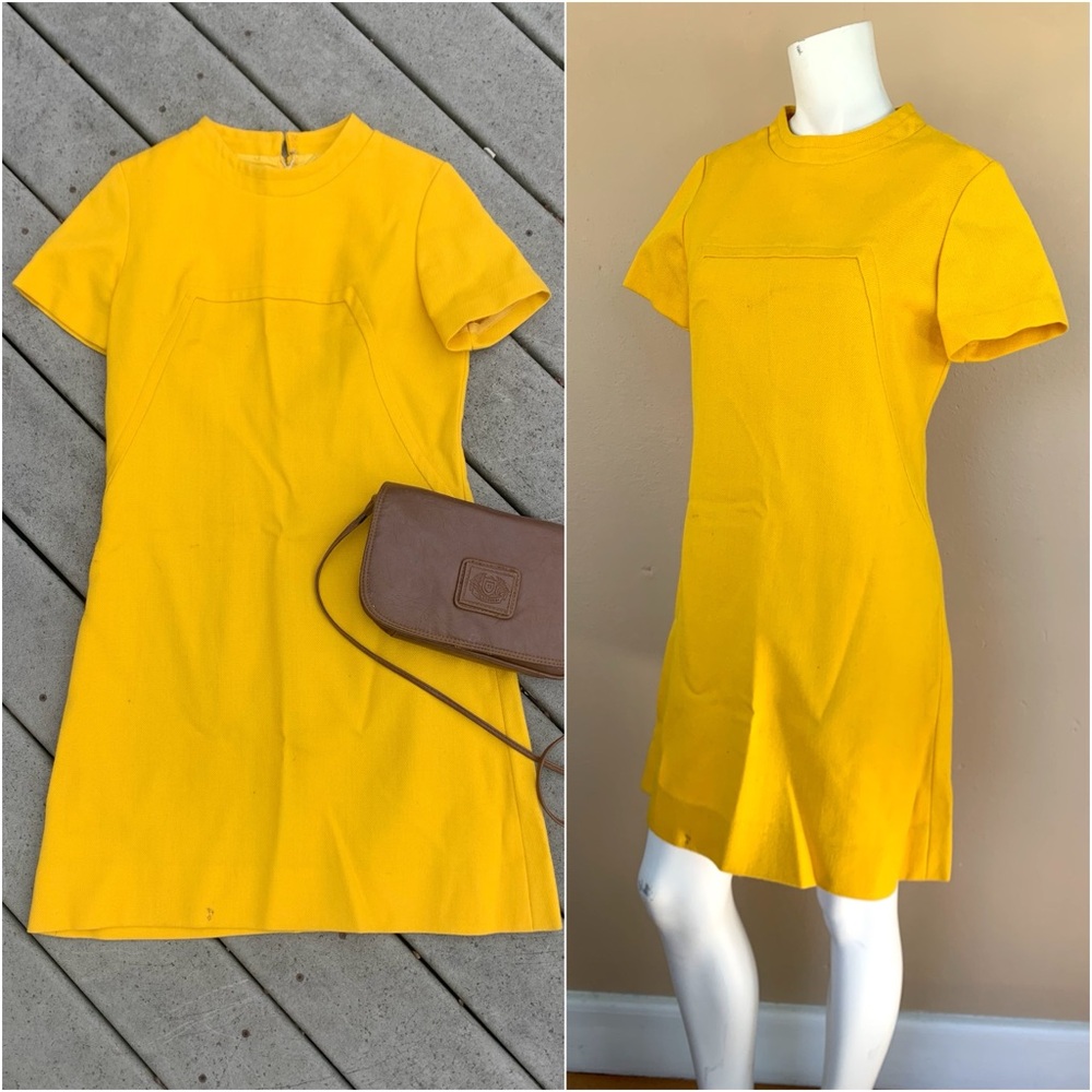 Vintage 70s Mod Mini Dress | Bright Yellow GoGo Short Sleeve Shift Dress